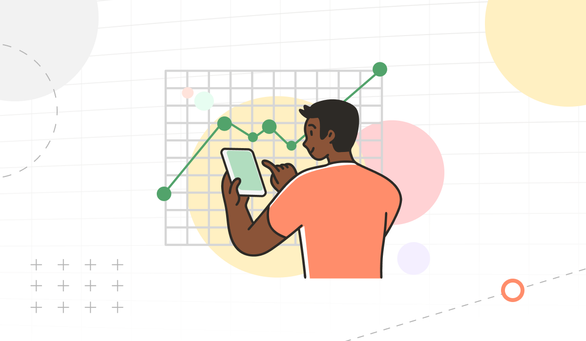 Graphic of a man looking into a tablet with a line graph in the background. 