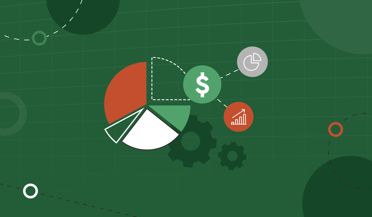 Graphic of a pie chart with a money sign and upwards trending bar chart emerging from it. 