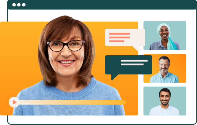 Stylized banner of 4 employees in a zoom meeting.